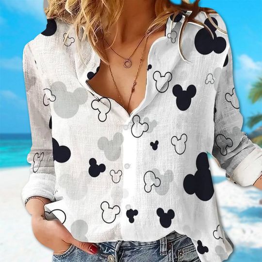 Mickey Mouse Linen Shirt, Mickey Casual Linen Button Down Shirt, Cartoon