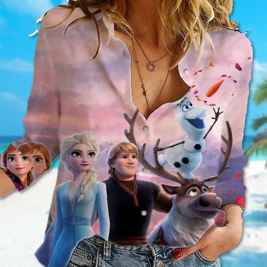 Frozen Women Casual Shirt, Anna Elsa Olaf Linen Shirt, Frozen Linen Button Shirt