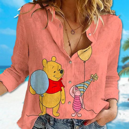 Cute Winnie the Pooh and Piglet Linen Casual Shirt, Pooh and Friends Linen Shirt