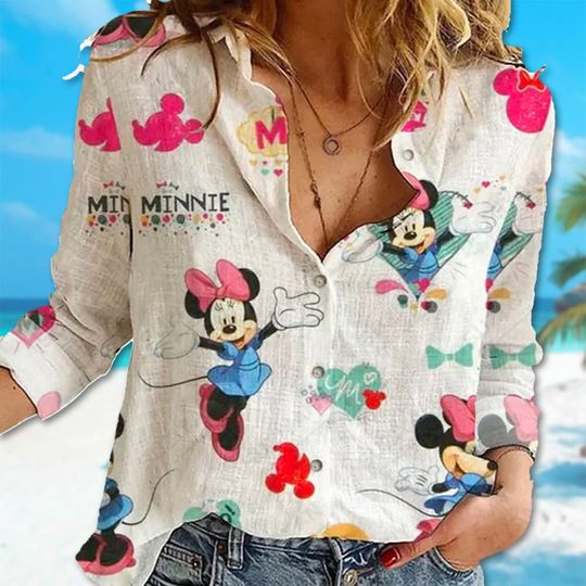 Minnie Mouse Linen Shirt, Cute Minnie Mouse Button Down Shirt, Mouse