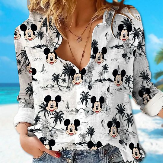 Mickey Mouse Women Casual Shirt, Mickey Tropical Linen Shirt, Mouse Linen Button Shirt