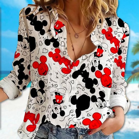 Cute Mickey Mouse Linen Shirt, Mickey Button Down Shirt, Mouse