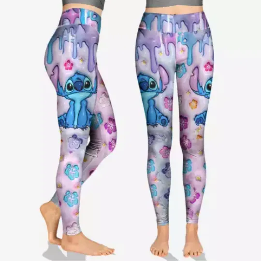 Cute Stitch Ohana Means Family Tropical Hibiscus Flowers Disney Leggings