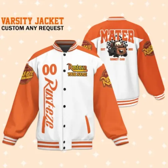 Custom Cars Team Tow Mater Baseball Jacket, Adult Varsity Jacket, Personalized