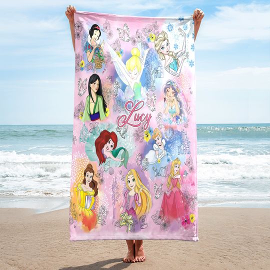 Personalized Watercolor Princess Beach Towels, Baby Girl Trip Towels,  Princess Characters Bath Pool Towel