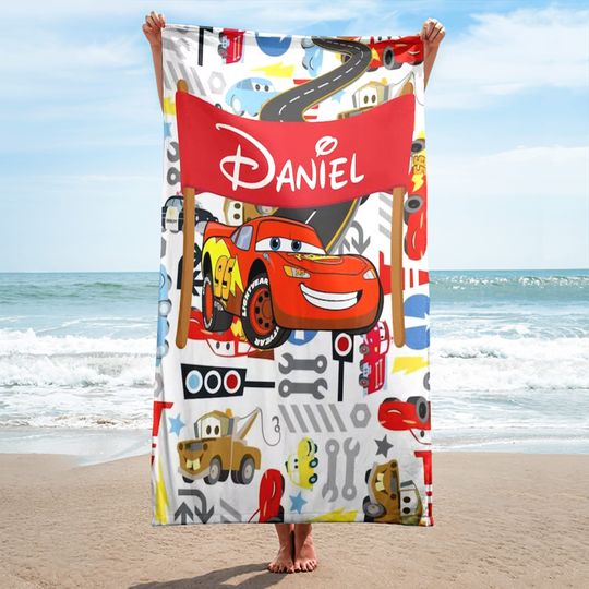 Personalized Car World Beach Towels, Custom Name Red Racing Car Beach Towel, Red Car And Friends Towel