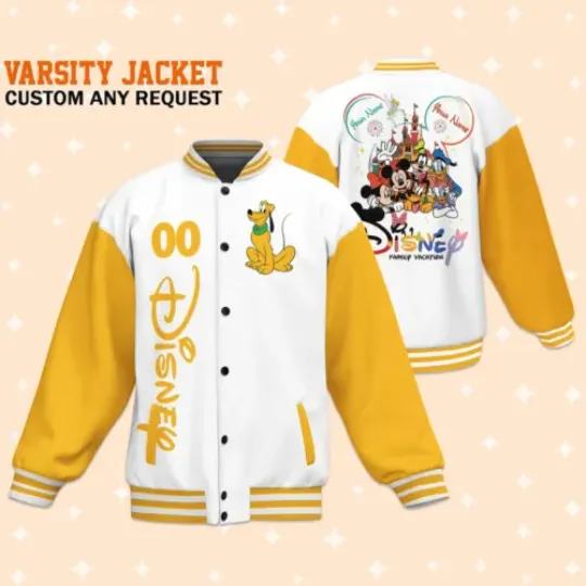 Custom Disney Family Vacation Pluto Baseball Jacket, Adult Varsity Jacket