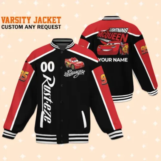 Custom Cars McQueen Racing Black Baseball Jacket Adult Varsity Jacket Personalize