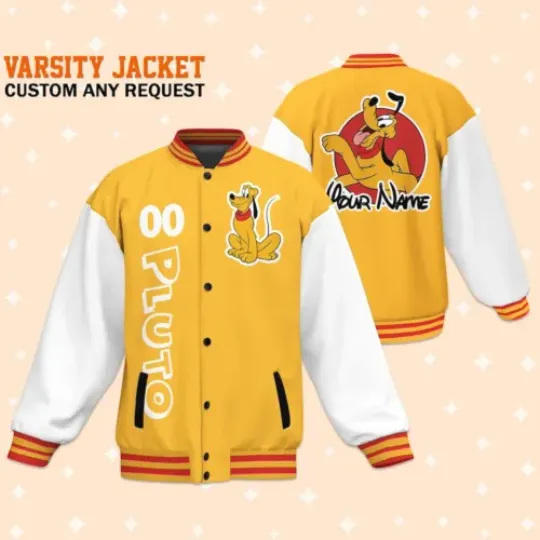 Custom Pluto Yellow Varsity Jacket, Adult Baseball Jacket, Personalized Disney Baseball