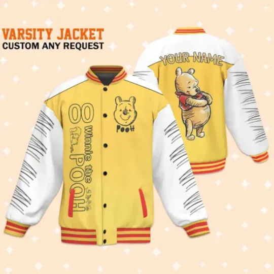 Custom Winnie the Pooh Doodle Baseball Jacket, Adult Varsity Jacket, Personalized
