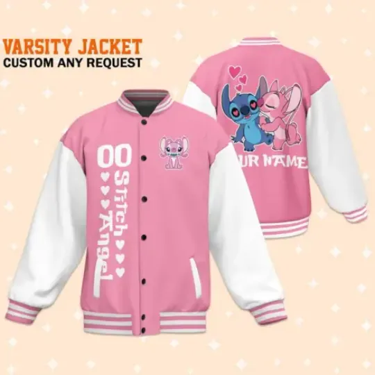 Custom Stitch and Angel Couple Pink Baseball Jacket, Adult Varsity Jacket