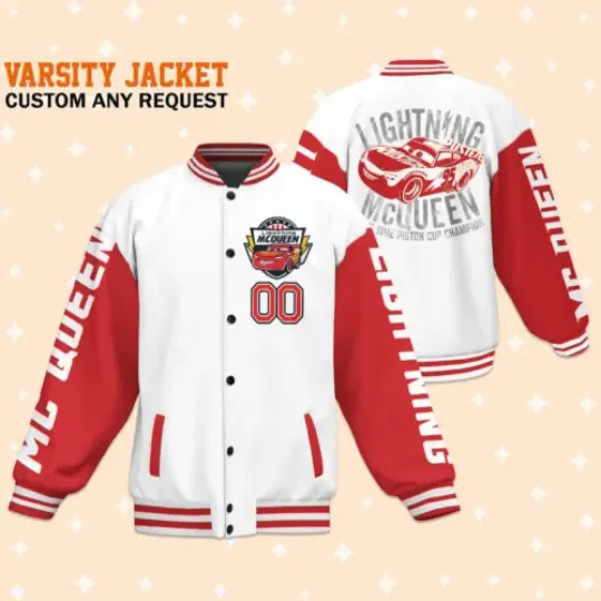 Custom Cars Lightning Mcqueen White Baseball Jacket, Adult Varsity Jacket