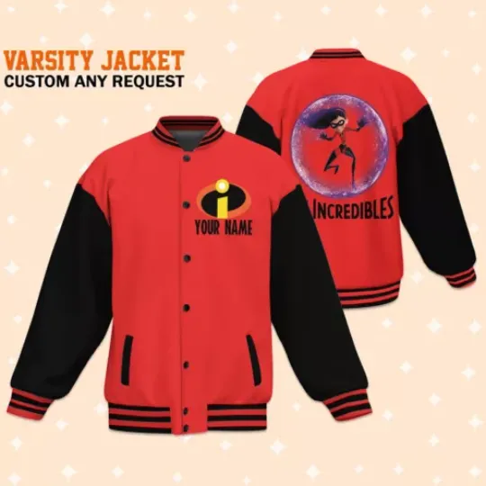 Personalized Disney The Incredibles Violet Parr Red Black Baseball Jacket, Adult