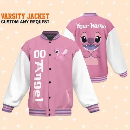 Custom Angel and Stitch Baseball Jacket, Adult Varsity Jacket, Personalized