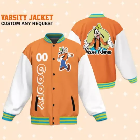 Custom Goofy Orange Baseball Jacket, Adult Baseball Jacket, Personalized Disney