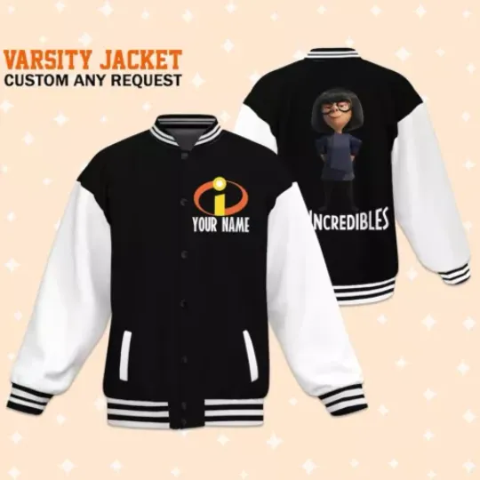 Personalized Disney The Incredibles Edna Mode White Black Baseball Jacket, Adult