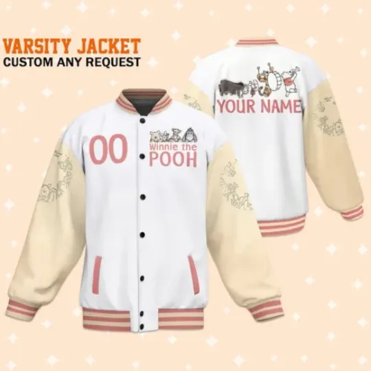 Custom Team Winnie the Pooh White Baseball Jacket Adult Varsity Jacket Personaliz