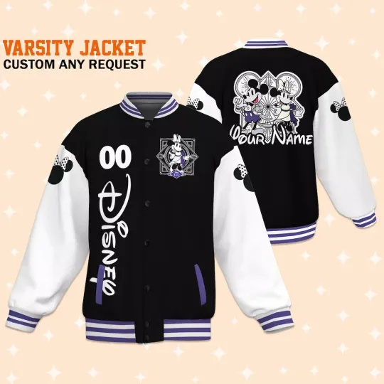 Custom Disney 100 Years Couple Minnie Baseball Jacket, Adult Varsity Jacket