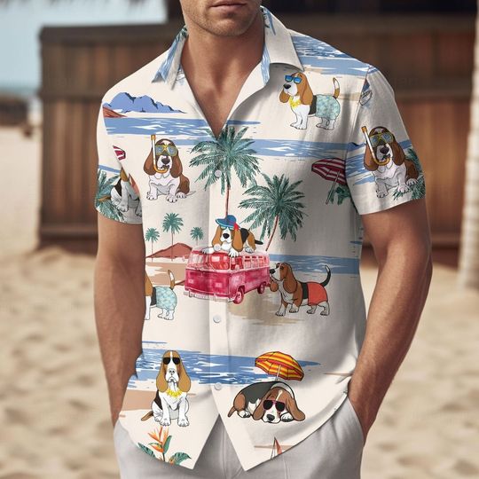 Basset Hound Hawaiian Shirt, Basset Hound Shirt, Button Up Shirt, Basset Hound Lover, Basset Hound Gifts, Hawaii Shirt Women/Men