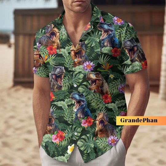 Dinosaur Shirt, Dinosaur Hawaiian Shirt, Dinosaur Button Up Shirt, Dinosaur Beach Shirt, T-Rex Hawaii Shirt, Bachelor Party Shirt