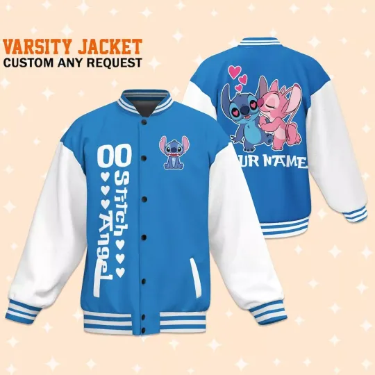 Custom Stitch and Angel Couple Blue Baseball Jacket, Adult Varsity Jacket