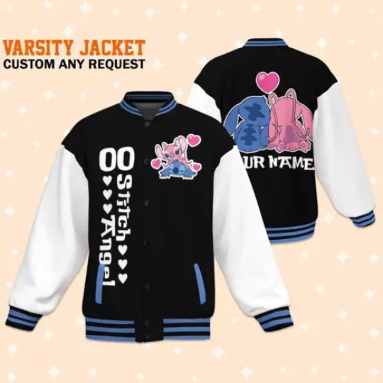 Custom Stitch and Angel Couple Love Varsity Jacket, Adult Varsity Jacket