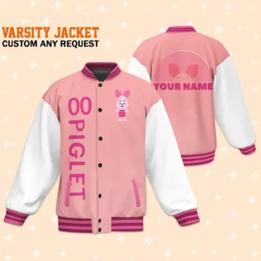 Custom Piglet Pink Varsity Jacket Adult Baseball Jacket Personalize Disney Jacket