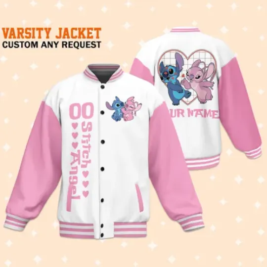 Custom Stitch and Angel Couple White Baseball Jacket, Adult Varsity Jacket