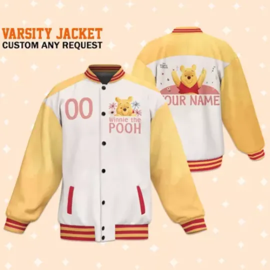 Custom Winnie the Pooh Flower Baseball Jacket, Adult Varsity Jacket, Personalized