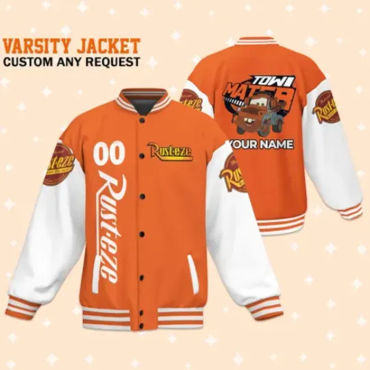 Custom Cars Tow Mater Rusteze Baseball Jacket, Adult Varsity Jacket, Personalized
