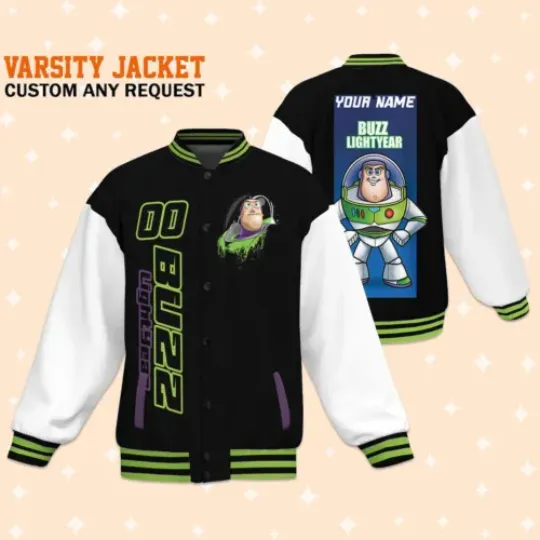 Custom Toy Story Buzz Lightyear Black Baseball Jacket, Adult Varsity Jacket
