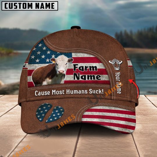 Hereford US Flag Customized Name And Farm Name Cap