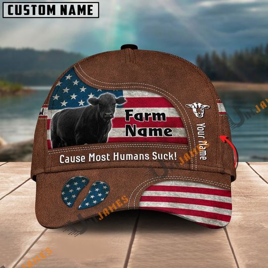 Black Angus US Flag Customized Name And Farm Name Cap