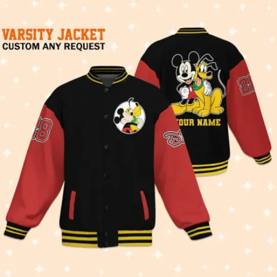 Personalize Disney Mickey And Pluto Baseball Jacket, Custom Disney Jacket