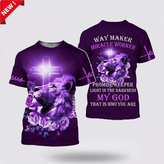 Lion Cross Light, Purple Rose Way Maker Miracle Worker Jesus 3D Shirt For Adults