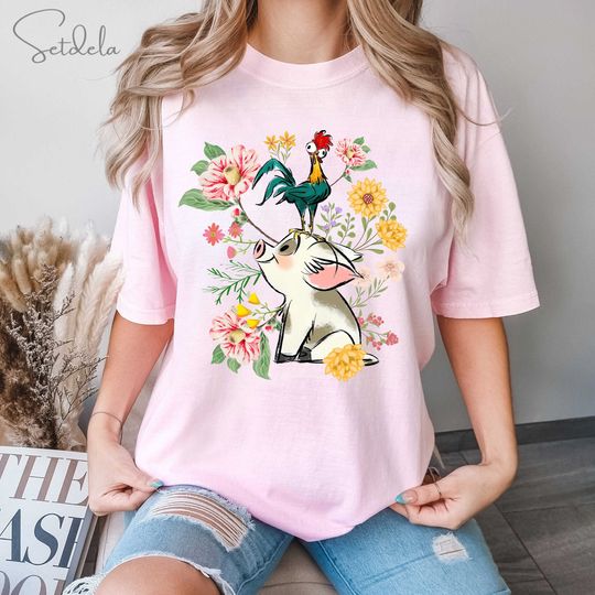 Disney Moana 70s Style Floral Pua And Hei Hei Shirt, Disney Moana Shirt, Family Vacation Shirt, Disney Moana Movie Shirt,Magic Kingdom Shirt