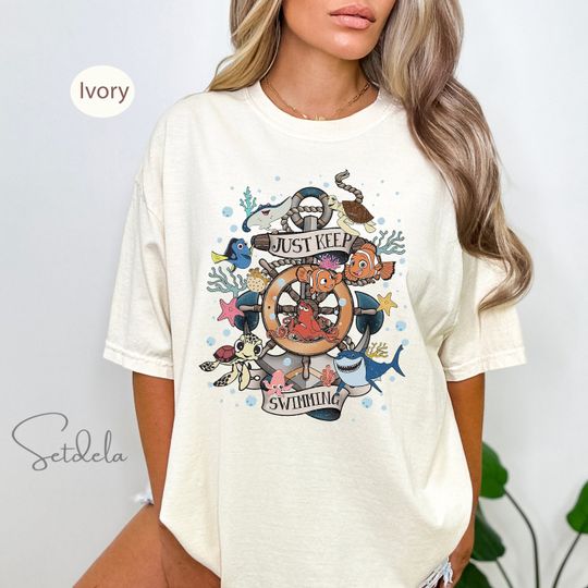 Retro Disney Finding Nemo Characters Shirt, Just Keep Swimming, Retro Disney Pixar Finding Dory T-shirt, Disneyland Trip Tee Birthday Gifts