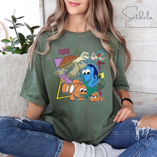 Disney Retro 90s Style Group Shot Finding Nemo Characters Squad Shirt, Cute Marlin Bruce Crush Tee, WDW Magic Kingdom Disneyland Family Gift