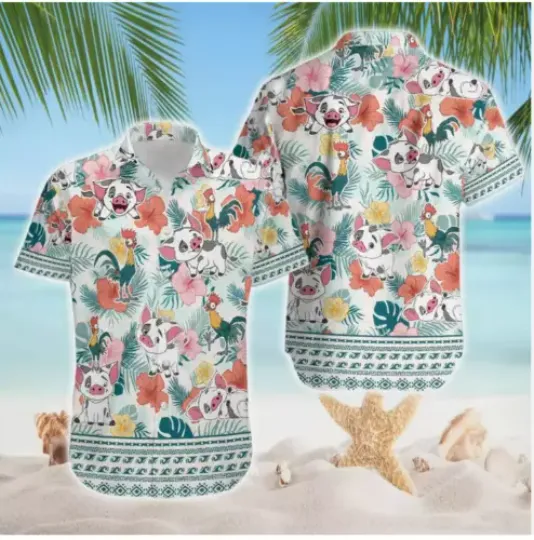 Hei Hei & Pua Moana Cartoon Lovers Summer Beach Tropical Flowers 3D HAWAII SHIRT