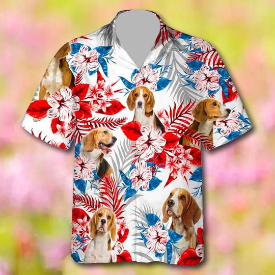 Custom Dog Beagle Hawaiian Shirt, Summer Aloha Shirt, Dog Independence Day Shirt, Dog Face America Flag Hawaiian Shirt, 4th of July Gift