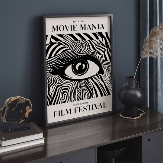 Black and White Film Festival Poster, Eye Illustration, Zebra Stripes, Movie Wall Art