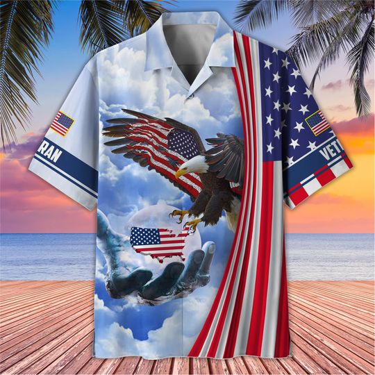 Patriotic 4th Of July Button Up, Proud Veteran Hawaiian Shirt, US Veteran Bald Eagle Shirt, Gift For Veteran, Independence Day Gift