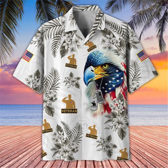 Tropical Veteran Beach Hawaii Shirt, Soldier Patriotic Aloha Shirt, Veteran Hawaiian Shirt, Beach Shirt, Veterans Day Gift Idea, Dad Gift
