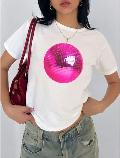 Mirrorball 90's Baby Tee, Girls Coquette Shirt, Pink Mirrorball Aesthetic Top