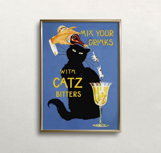 Discover Catz Bitters Print, Vintage Beverage Poster, Black Cat Wall Art, Bar Wall Decor