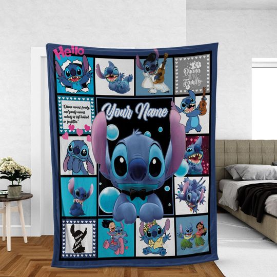 Personalized Kid Name Blanket, Cartoon stich ohana means family Movie Blanket