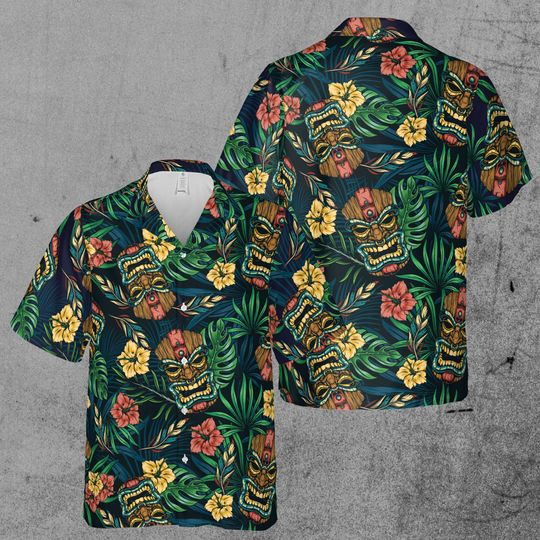Floral Tiki Mask Tropical Forest Aloha Hawaiian Shirt