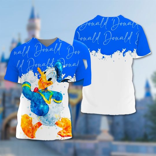 Donald Duck Blue Watercolor Glitter Graphics Cartoon 3D T-shirt