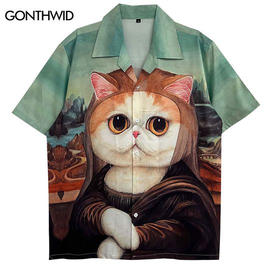 Vintage Funny Cat Mona Lisa Hawaiian Shirt