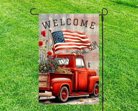 Red Vintage Truck Wildflowers Patriotic Flag Welcome